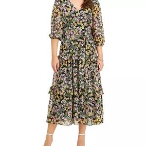 Black and Pink Ruffled Midi Dress with V-Neck and Bishop Sleeves
